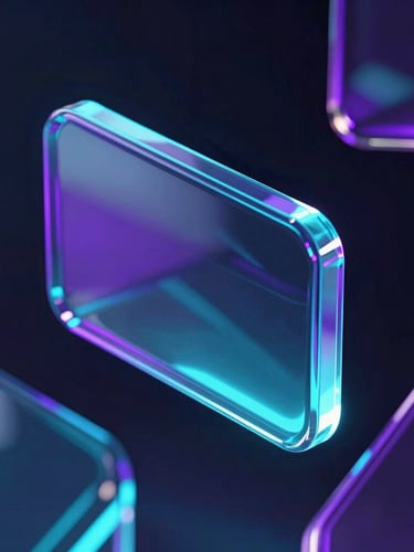 Sleek 3D render of abstract digital glass shapes reflecting vibrant neon-cyan and electric-violet light, dark atmospheric background, ultra-detailed, octane render style, 8k
