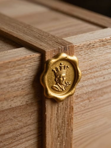Macro close-up of a heavy wooden shipping crate sealed with golden wax and stamped with a royal insignia, dramatic low-key side lighting highlighting the wood grain.