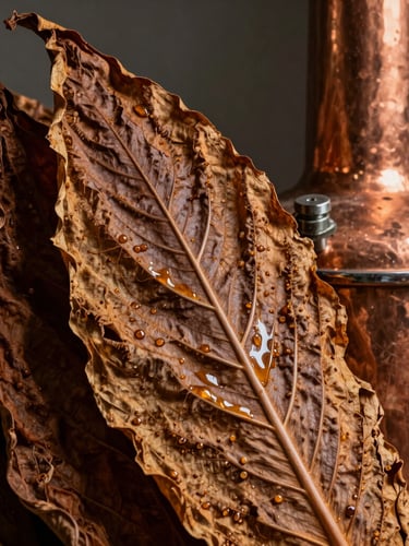 Macro close-up of dark cured tobacco leaves glistening with natural oils, resting beside a heavy copper distillation vessel, side-lit, dramatic shadows.