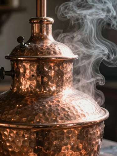Macro close-up of a hand-hammered copper distillation vessel in a dimly lit workshop, steam rising softly, dramatic side-lighting highlighting the metallic texture