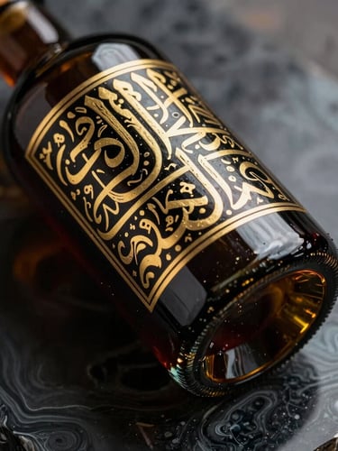 Macro close-up of a heavy-weighted dark glass zarda bottle with intricate gold foil calligraphy, resting on a polished dark malachite slab, dramatic side-lighting.