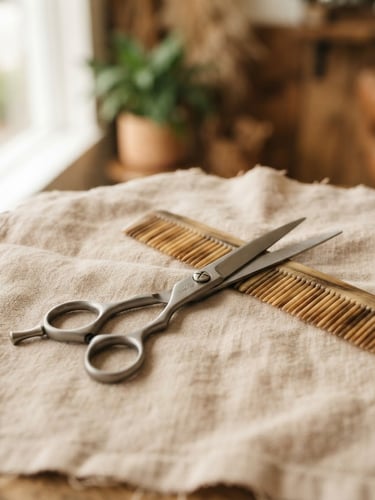 Close-up of professional hairdressing tools, scissors and a comb resting on a soft warm beige linen cloth, warm natural window light, shallow depth of field