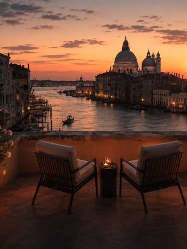 Private terrace overlooking the Venice Grand Canal at sunset luxury experience design for couples
