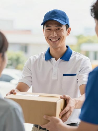 Medium close-up of a professional courier driver in a clean uniform happily delivering a package to a client, bright natural morning light