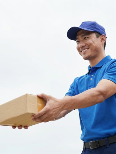A professional delivery driver in a clean uniform smiling while handing over a package, bright overcast daylight, dynamic close-up, high-contrast clean colors