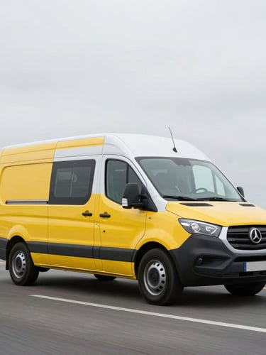 Dynamic low-angle commercial photography of a modern yellow and white delivery van in motion on a clean asphalt road, bright overcast daylight, sharp focus, wide-angle lens.