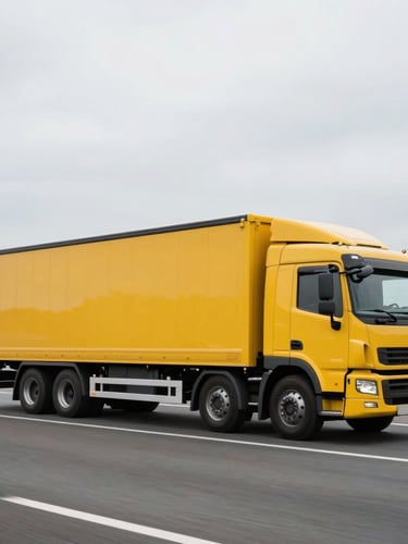 Dynamic side-profile shot of a modern yellow logistics truck on a clean highway under bright overcast daylight, sharp focus, wide-angle lens