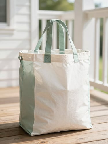 Bright editorial photography of a clean canvas laundry bag sitting on a sunny wooden porch, soft natural daylight, sage green accents, shallow depth of field