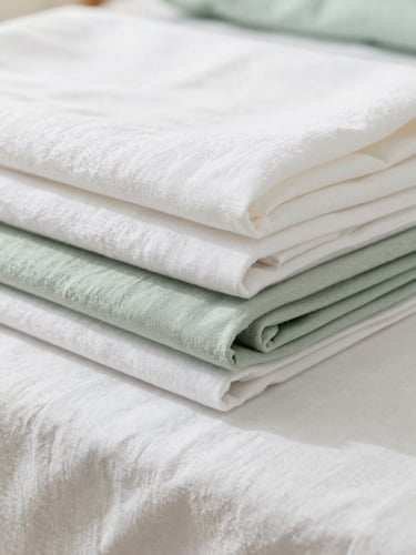 Close-up editorial shot of beautifully folded organic cotton and linen sheets in soft sage green and white tones, bright daylight, shallow depth of field