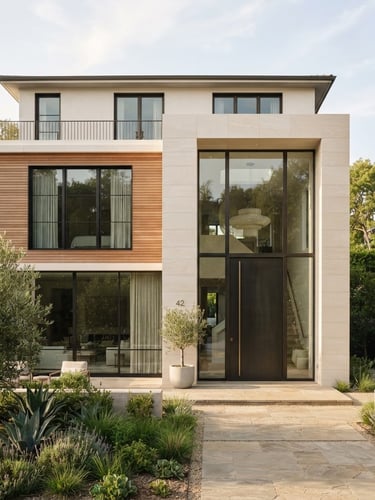 Bright architectural editorial photography of a modern luxury residential house facade with clean lines, warm natural daylight, soft shadows, sophisticated neutral tones, shallow depth of field