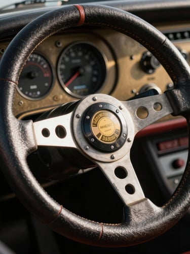 Extreme close-up of a vintage racing steering wheel with worn leather grip, high-contrast chiaroscuro lighting, deep shadows, bronze dashboard details in the background.