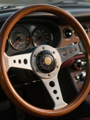Extreme close-up of a vintage sports car steering wheel, polished wood and brushed metal spokes, dramatic low-key lighting with high-contrast shadows.