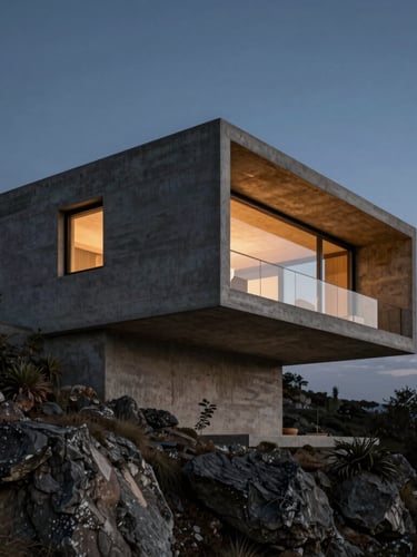 Low-key dramatic portrait of a modern concrete villa cantilevered over a cliffside at twilight, warm bronze interior light glowing
