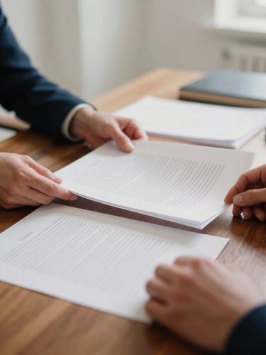Close-up of hands reviewing physical documents on a polished wooden desk, soft north-facing daylight, deep navy and muted crimson accents, quiet strategic planning, 35mm film