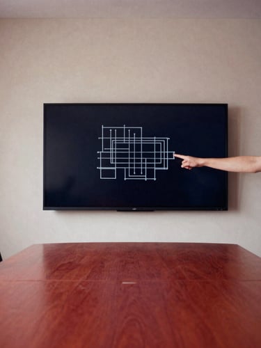 Wide shot of a minimalist Scandinavian boardroom, natural light, a hand pointing to a structural diagram on a large screen, deep navy and muted crimson accents. Soft north-facing daylight, low-contrast shadows, warm interior ambient light. 35mm film.