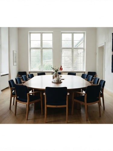 Wide panoramic of a quiet, minimalist Scandinavian diplomatic salon, soft north-facing daylight, deep navy and muted crimson accents, empty chairs around a polished wooden table, low contrast shadows, 35mm film