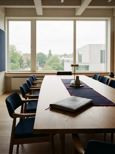 Wide environmental shot of a minimalist Scandinavian boardroom, soft north-facing daylight, deep navy and muted crimson accents, a single leather-bound document on a polished wooden table, warm editorial photography, 35mm film
