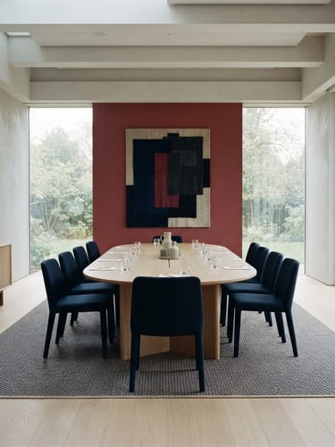 Elite diplomatic salon, minimalist Scandinavian interior, soft natural light, empty, quiet, deep navy and muted crimson accents, wide angle.