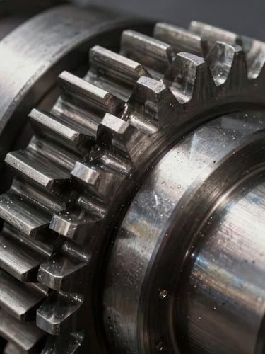 Macro close-up of a heavy-duty precision-machined steel gear, high-contrast industrial lighting, sharp metal teeth