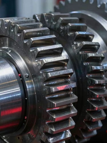 Extreme close-up on heavy-duty industrial gears, high-contrast cool lighting with subtle red ambient accents, showing pristine steel teeth and mechanical alignment.