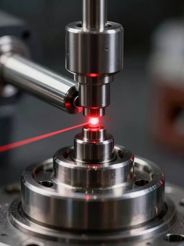 Macro view of a laser alignment tool measuring a drive shaft coupling, red laser line reflecting off the polished steel, dark industrial background.