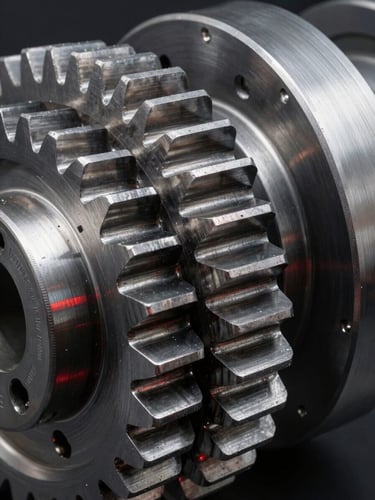 Macro shot of heavy-duty industrial gears with silver metallic finish, high-contrast cool studio lighting with subtle red ambient reflections, sharp focus on tooth profile.