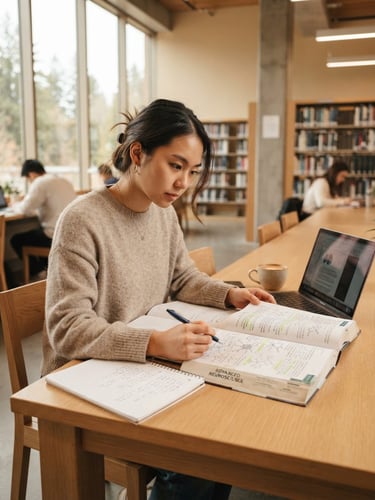 A focused student reviewing structured study materials in a bright, modern library with soft natural daylight and warm neutral tones