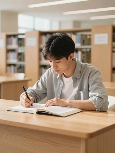 A focused student studying at a clean wooden desk in a modern, bright library with soft natural daylight and bookshelves in the background.