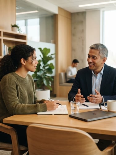 A focused student practicing an interview with a professional advisor in a bright, modern study room with warm oak accents, natural daylight streaming in.