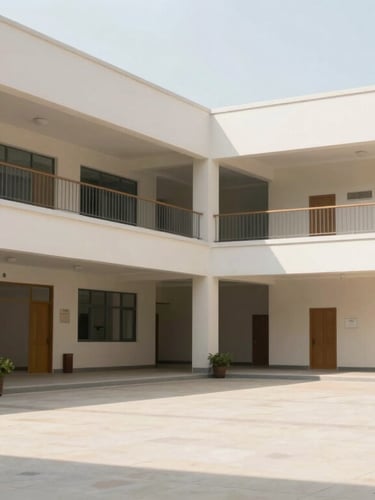 A modern school campus courtyard with clean architectural lines under bright natural daylight