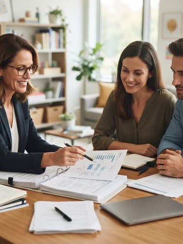 A professional educational advisor and parents reviewing structured curriculum documents together in a bright, modern office with soft natural daylight.