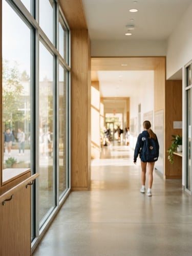 A bright modern school corridor with clean architectural lines, soft natural daylight streaming through large windows, shallow depth of field, warm editorial photography.