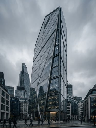 Cool architectural photography of a modern commercial office building in London under overcast daylight, sharp focus, 35mm