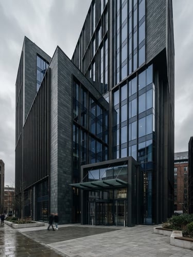 Cool architectural photography of a modern UK commercial office building, overcast daylight, desaturated slate and navy tones, sharp focus, 35mm