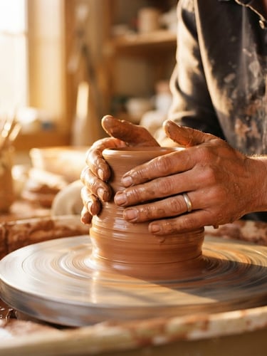 Close-up of potter's hands shaping wet terracotta clay on a spinning wheel, warm golden-hour window light, water droplets and clay texture visible, shallow depth of field, 35mm