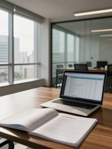 Wide environmental shot of a corporate office interior in São Paulo, a desk with open financial documents and a laptop screen showing a spreadsheet in the foreground, warm natural daylight entering through floor-to-ceiling windows on the left, the background softly out of focus showing meeting room glass walls