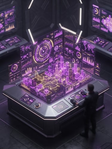Futuristic 3D render of a smart city control interface, neon purple and gold holographic data charts floating in a dark grey tech environment