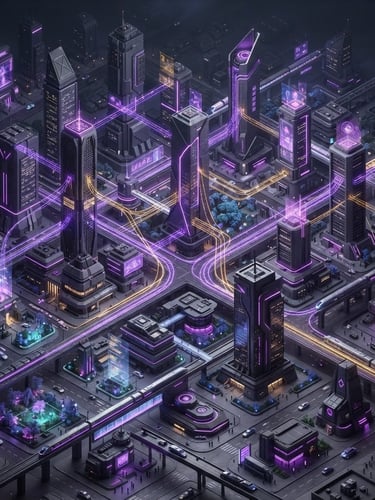 Sleek isometric 3D render of a futuristic Indonesian smart city, glowing royal purple and gold data streams connecting skyscrapers, clean dark grey tech aesthetic, cinematic lighting.