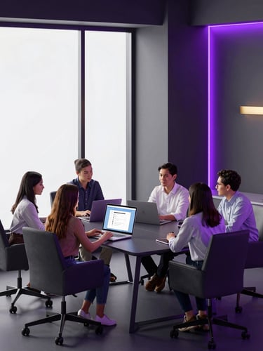 Modern collaborative open workspace in Jakarta, natural window light mixed with subtle royal purple neon accents, professional Indonesian tech team discussing around a table, futuristic 3d render style