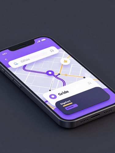 Futuristic mobile app mockup of GRide interface displaying transit maps and digital wallet, neon purple glowing screen, dark grey background, 3d render