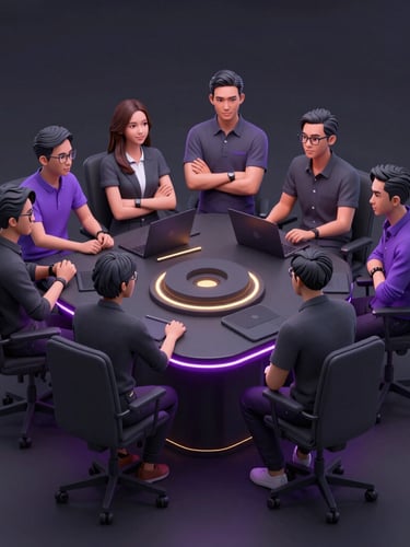 Professional portrait of Indonesian tech founders collaborating in a modern high-tech studio, ambient purple and gold neon highlights, dark grey background.