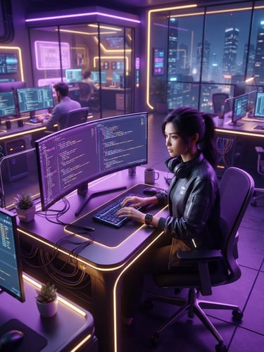 Sleek portrait of an Indonesian software engineer in a modern tech office with ambient purple and gold lighting, futuristic 3d render overlay, clean isometric perspective