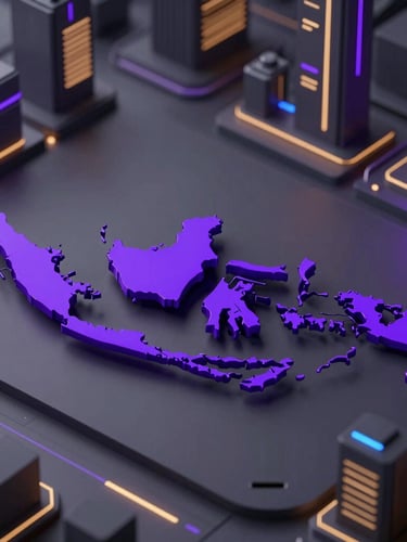 Sleek futuristic 3D render of a smart city dashboard overlaying a stylized map of Indonesia, neon royal purple and gold ambient lighting, clean isometric perspective, high-tech enterprise interface.