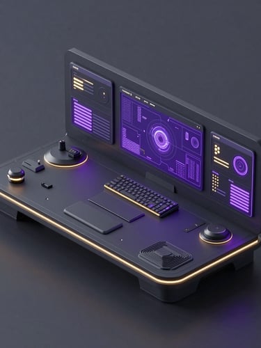 Futuristic 3D render of a high-tech enterprise dashboard, sleek dark grey tech aesthetic, neon purple and gold ambient lighting, clean isometric perspective.