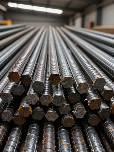 Close-up head-on view of grade-stamped deformed rebar bars stacked in tight parallel rows, filling the full frame, steel-silver surface texture visible under bright warehouse fluorescent lighting, grade markings clearly readable on bar ridges, dark industrial background
