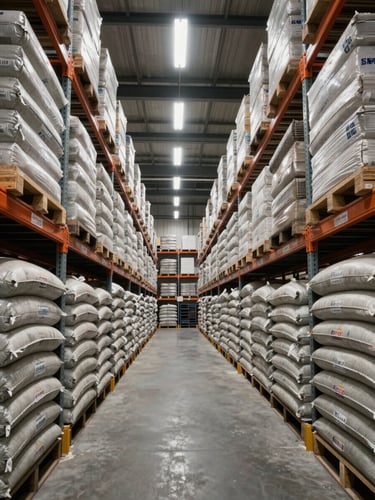 Full-height warehouse interior shot from the ground level looking down a long aisle, dense steel racking loaded with stacked cement bags and bundled rebar to ceiling height on both sides, even overhead fluorescent lighting casting clean shadows on labeled inventory, concrete floor, no people, industrial scale and order evident in the depth of the aisle