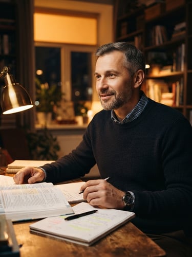 Vladimir, a male educator in his 40s, with a warm, professional demeanor, in a cozy home office at night, soft glow from a desk lamp on an open English textbook, shallow depth of field, 35mm, deep navy and amber tones, looking thoughtfully towards the left side of the frame.