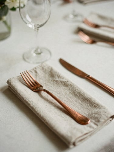 Elegant rose gold flatware set on a beige linen napkin for a minimalist wedding table setting.