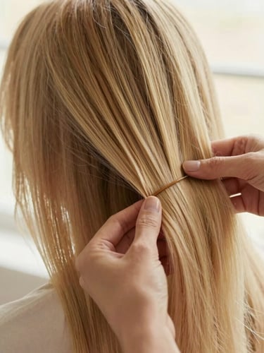 Close-up of stylist's hands gently sectioning beautifully blended hair extensions, warm natural window light, elegant soft tones, shallow depth of field.