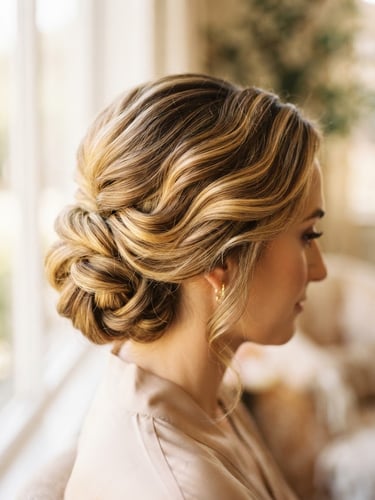 Close-up of elegant styled hair with rich golden dimension, warm natural window light, shallow depth of field, 85mm lens